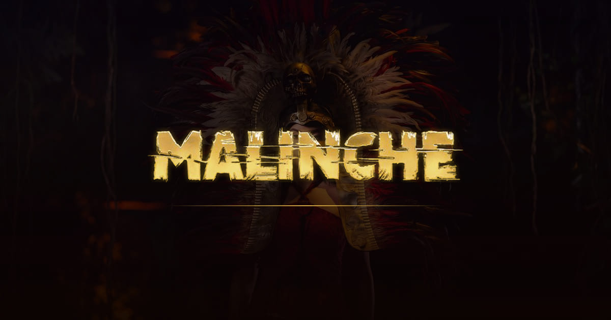 Cartel de Malinche, el musical: el título en dorado sobre un penacho de plumas