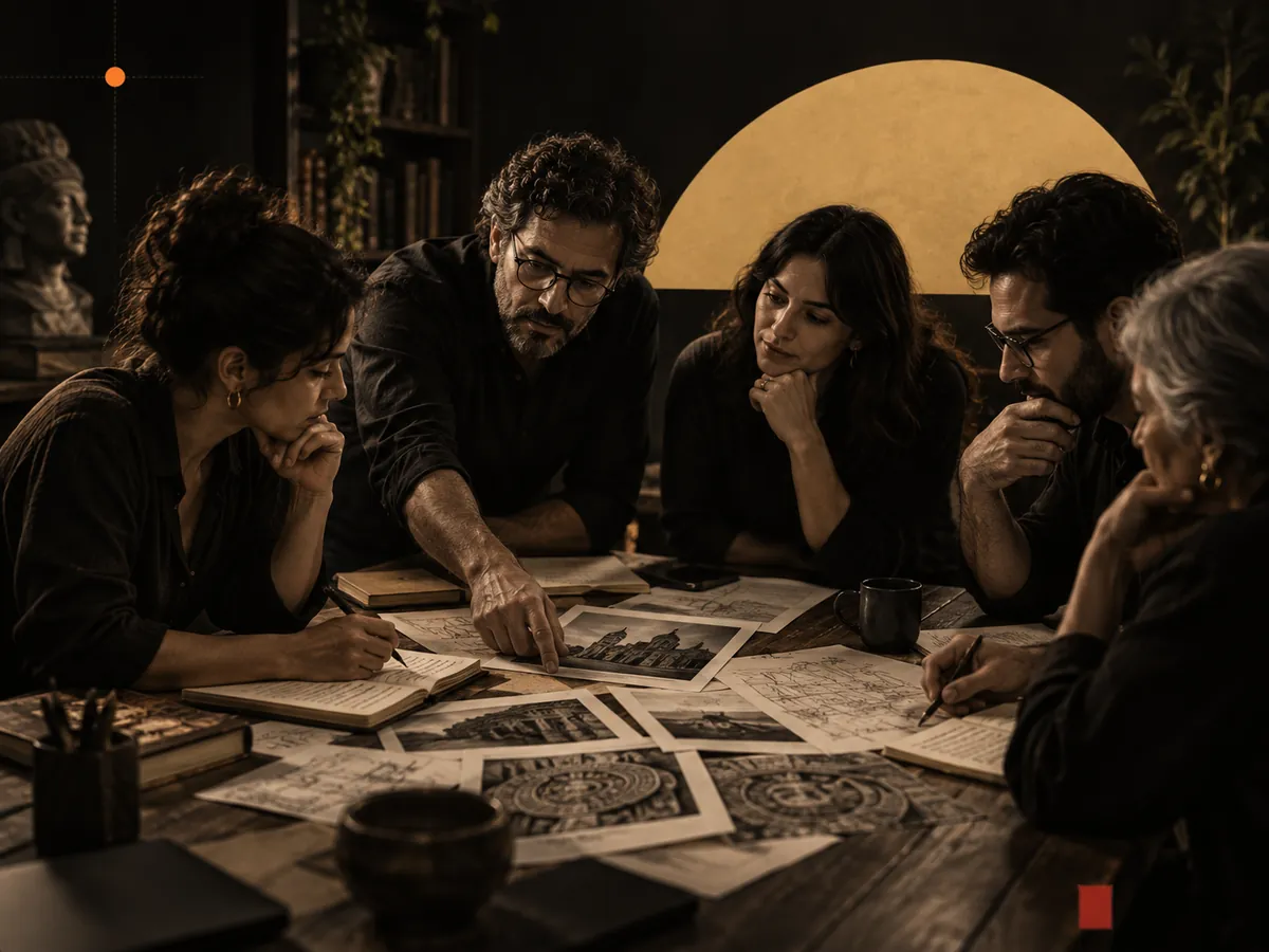 Grupo reunido alrededor de una mesa llena de fotografías y documentos