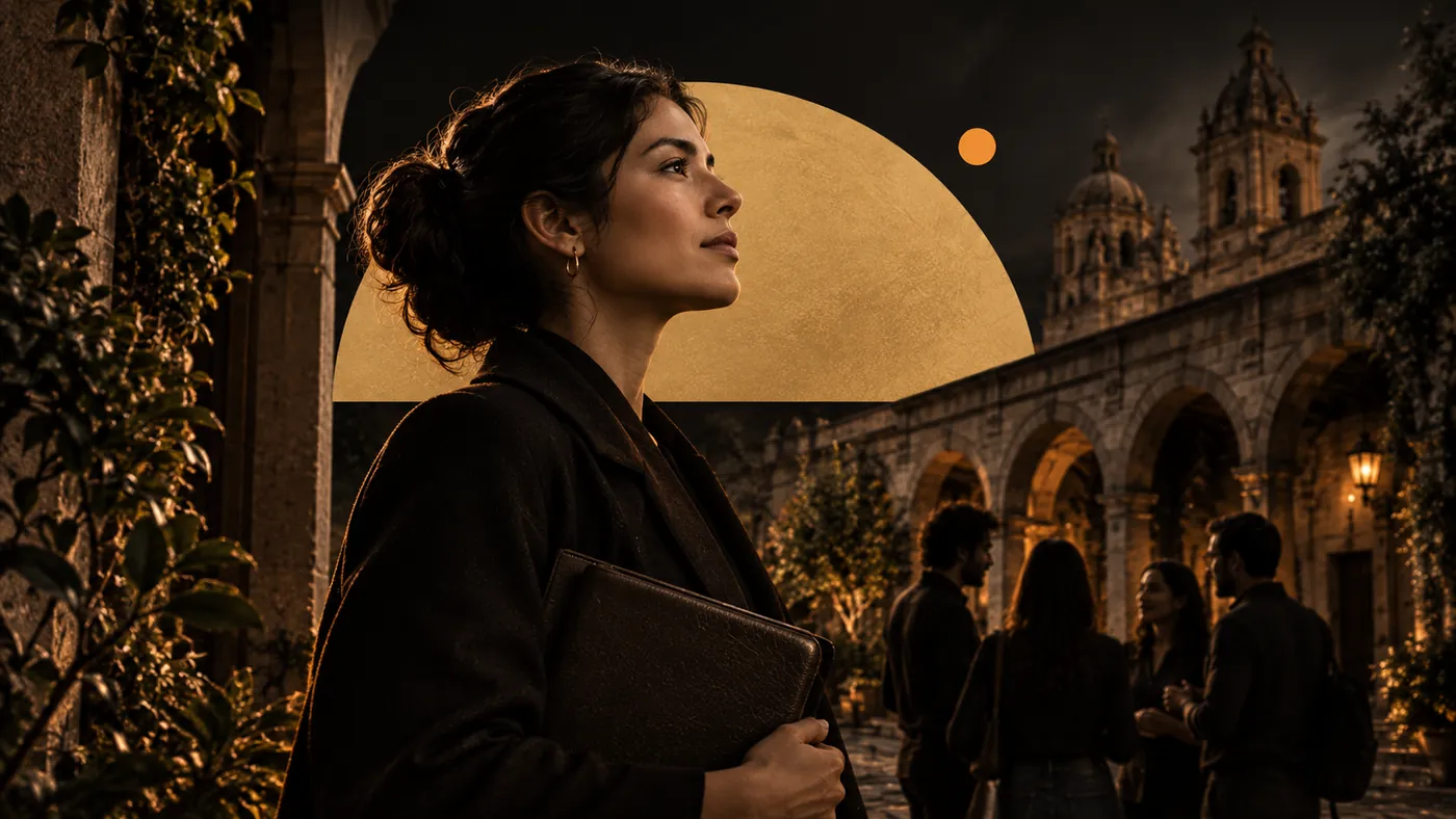 Mujer joven mirando al cielo en un patio patrimonial al anochecer
