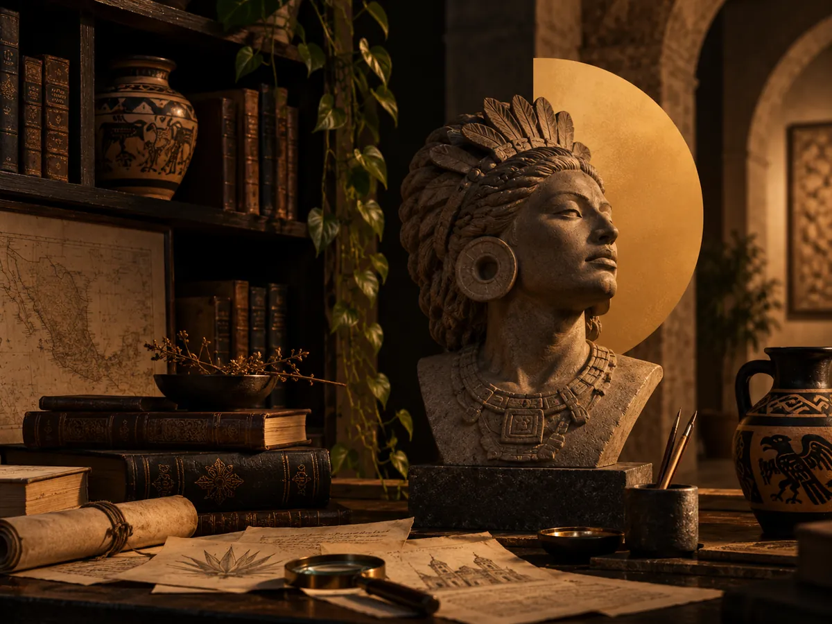 Busto de piedra de una figura mexica sobre un escritorio, frente a un sol dorado