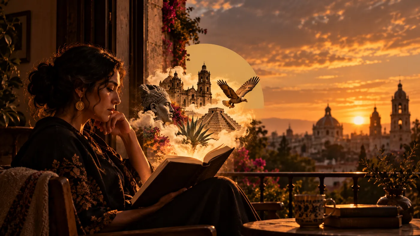 Mujer leyendo un libro del que surgen una pirámide, una catedral, un águila y un busto antiguo