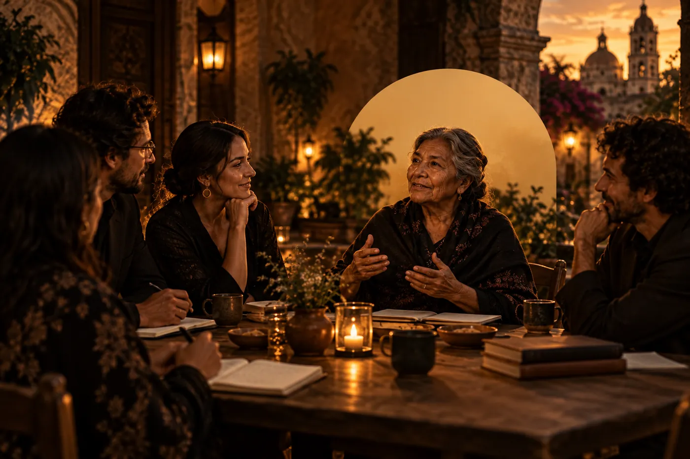 Mujer mayor conversando con un grupo alrededor de una mesa con velas
